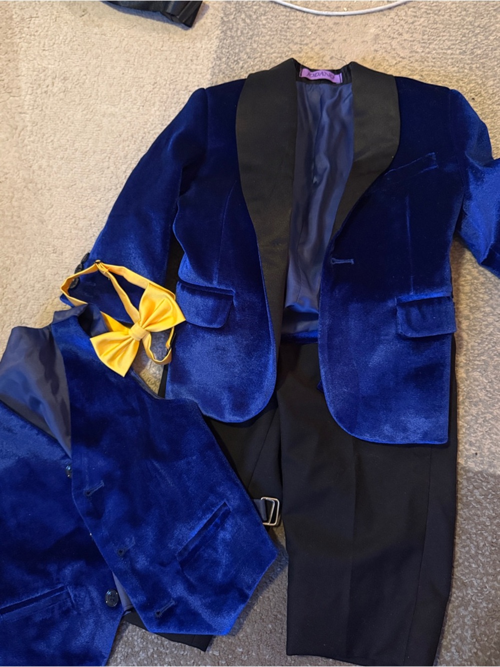 Royal Blue Velvet Toddler Tuxedo Jacket & Vest with Shirt & Yellow Bow Tie